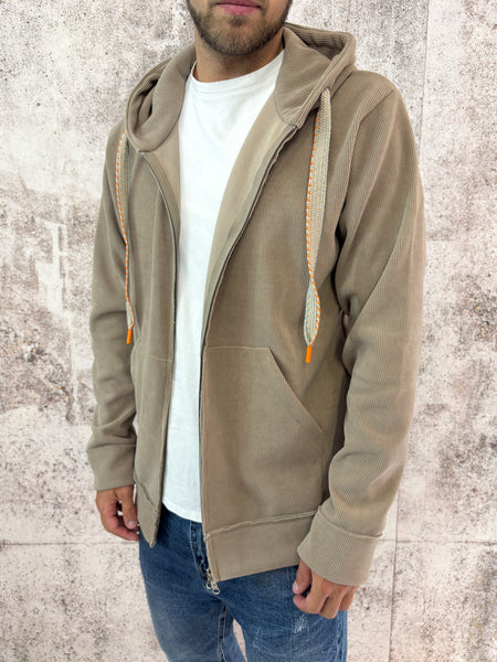 Felpa cappuccio full zip beige a costine