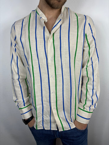 Camicia coreana misto lino righe verdi/blu