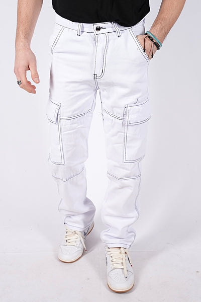 Jeans cargo bianco cuciture nere