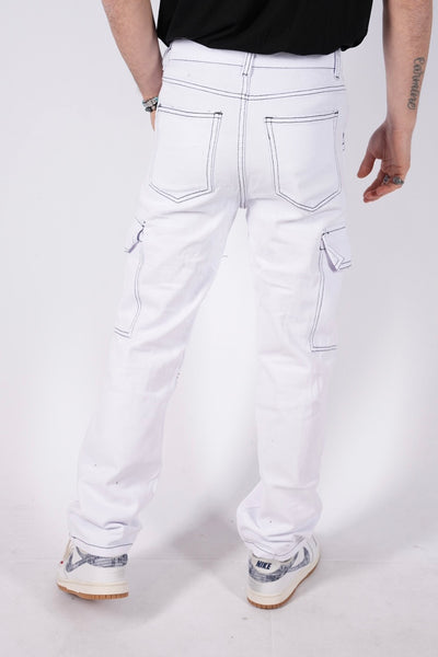 Jeans cargo bianco cuciture nere