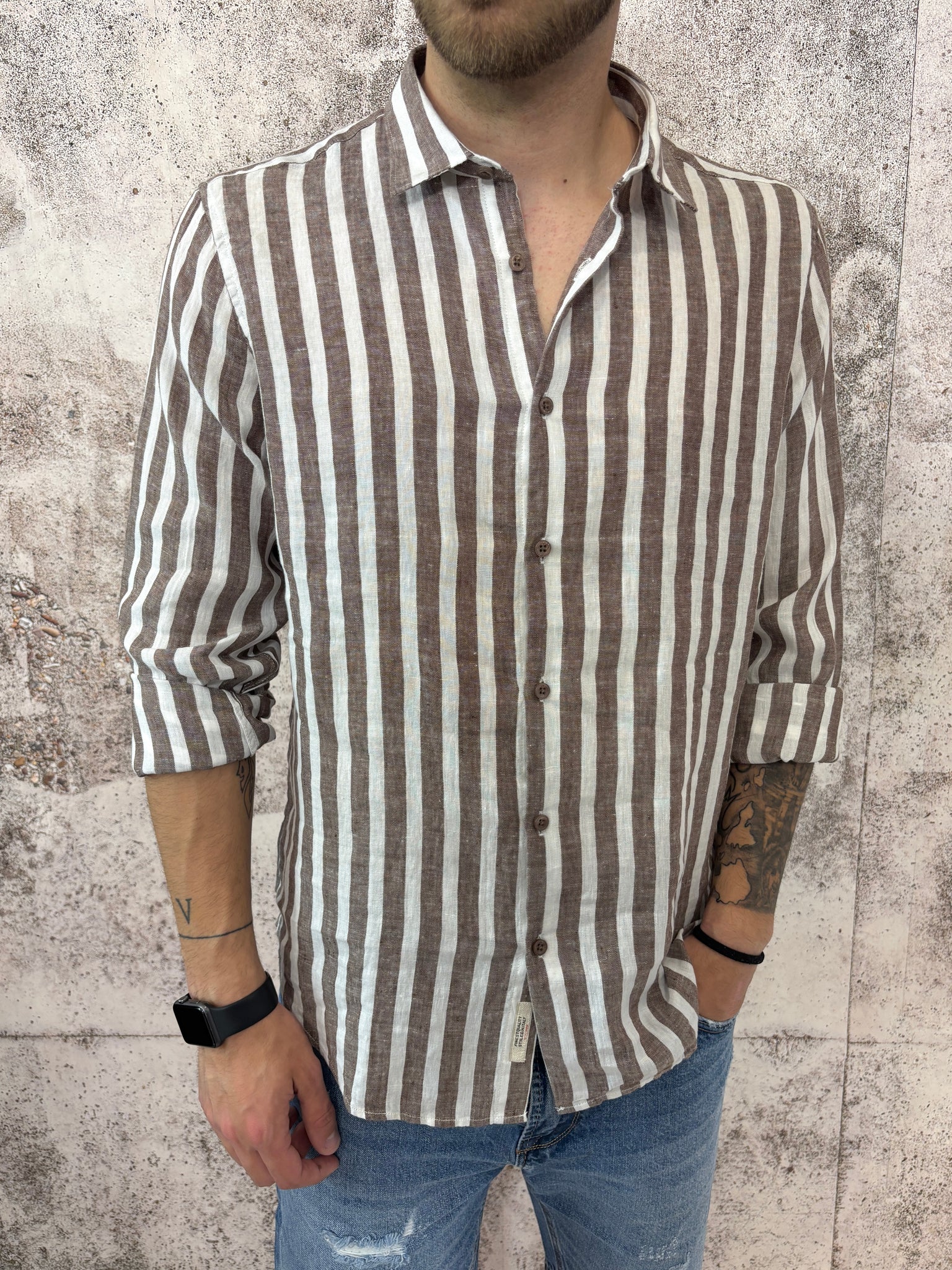 Camicia lino colletto francese  righe marroni