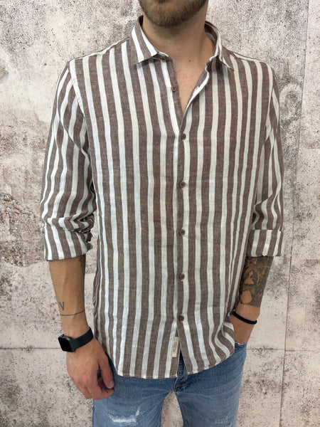 Camicia lino colletto francese  righe marroni