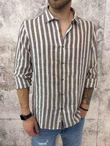 Camicia lino colletto francese  righe marroni