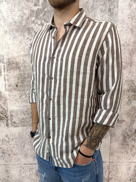 Camicia lino colletto francese  righe marroni
