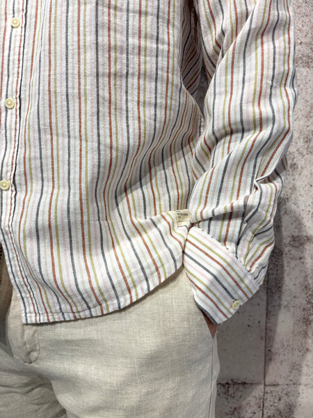 Camicia coreana misto Lino righe multicolor