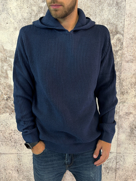 Maglione costa inglese con cappuccio blu