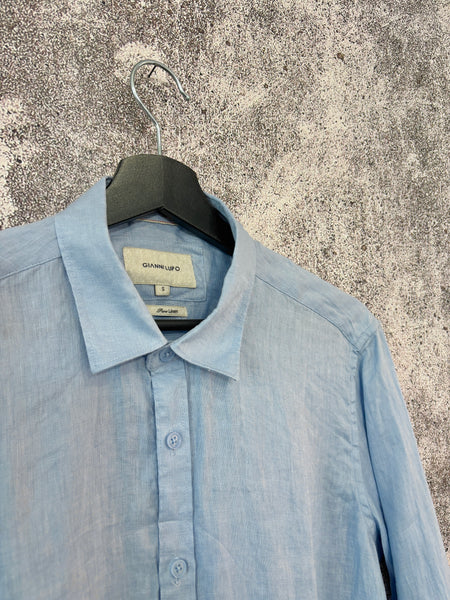 Camicia lino azzurra collo francese