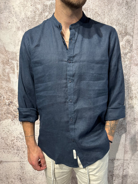 Camicia lino blu coreana