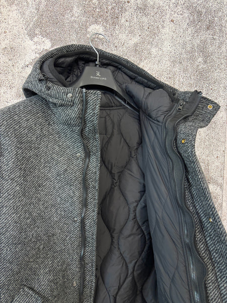 Cappotto spigato grigio/nero cappuccio e piumino interno