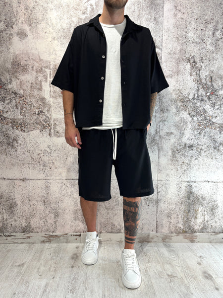 Completo camicia/bermuda nero misto lino