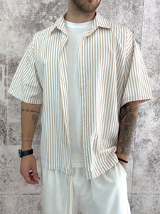 Camicia mezza manica righe beige