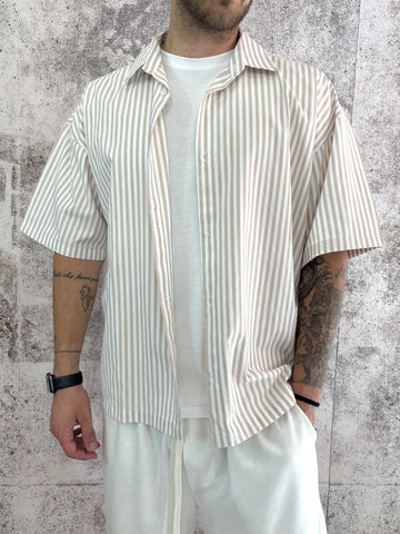Camicia mezza manica righe beige