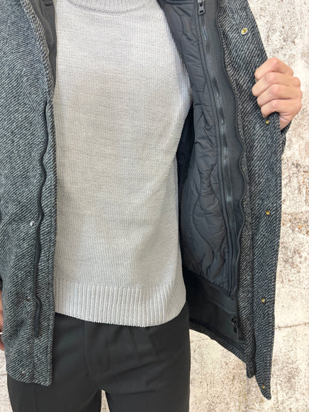 Cappotto spigato grigio/nero cappuccio e piumino interno