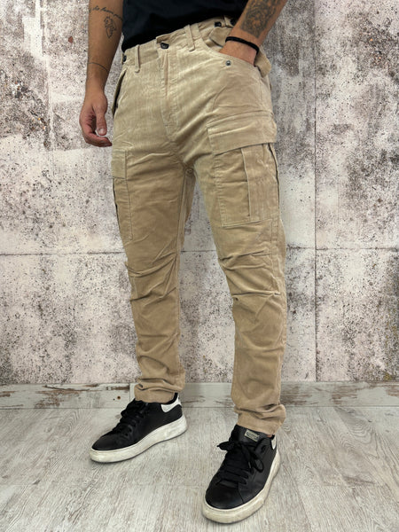 Pantalone velluto cargo beige