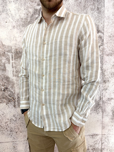 Camicia lino colletto francese righe beige