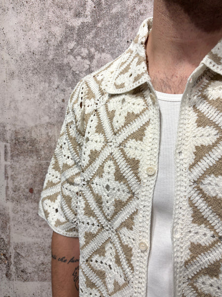 Camicia m/m in maglia lavorata beige e panna