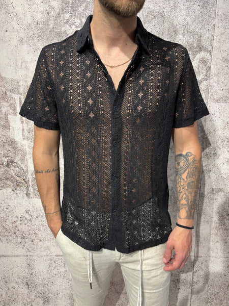 Camicia m/m traforata nera fantasia