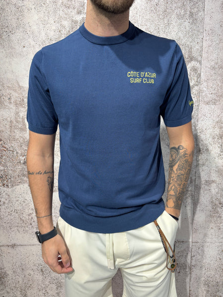 T-Shirt in maglia blu con ricamo