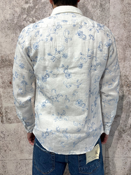 Blue floral print white linen shirt
