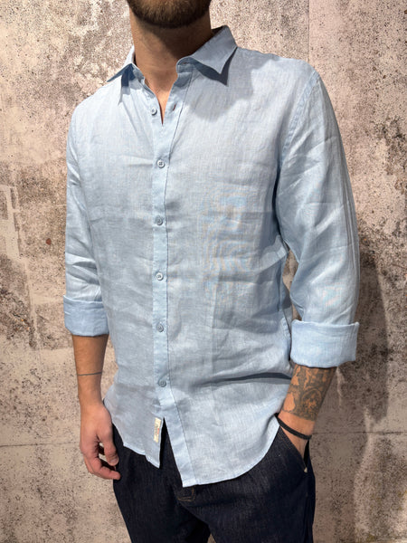 Camicia lino azzurra collo francese