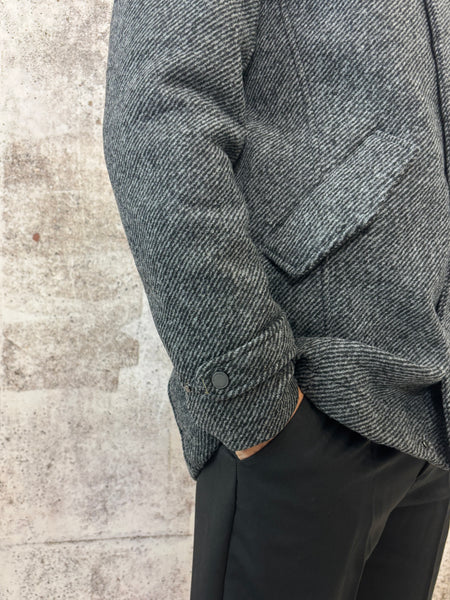 Cappotto spigato grigio/nero cappuccio e piumino interno