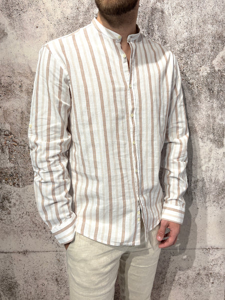 Korean collar linen blend shirt, beige/cocoa stripes