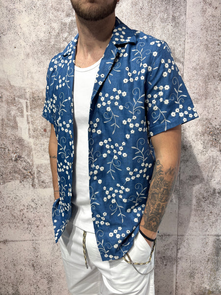 Camicia m/m blu ricamo bianco