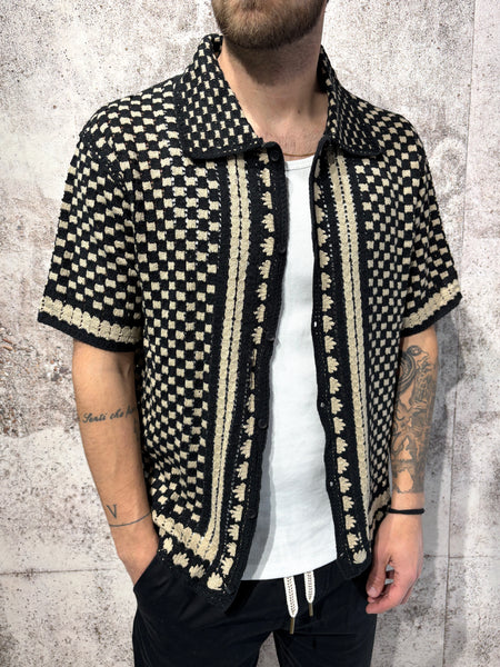 Camicia m/m in maglia lavorata nera e beige