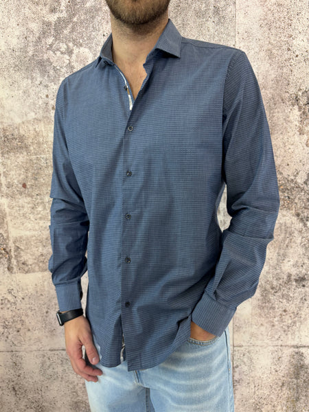 Camicia cotone blu polvere microfantasia