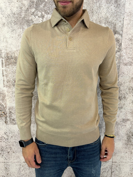 Polo in maglia beige manica lunga