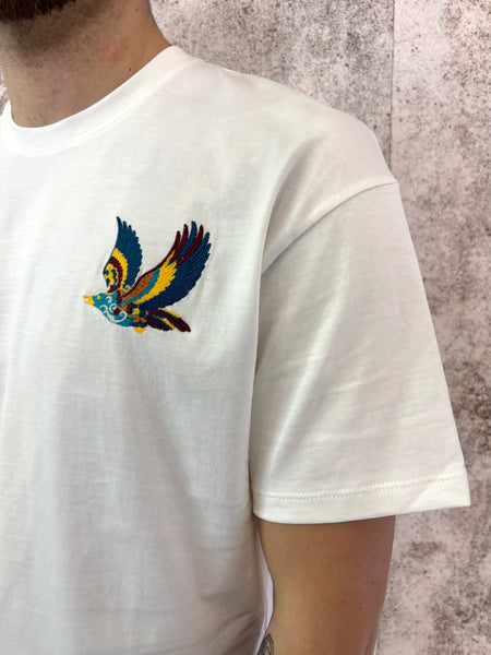 T-Shirt bianca con ricamo e stampa sul retro