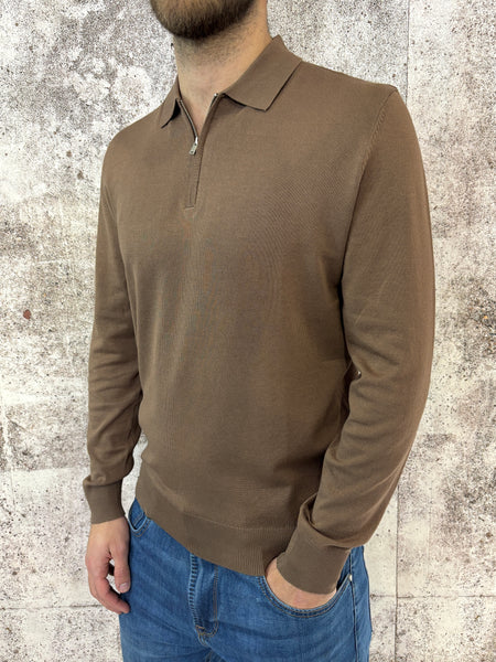 Polo tabacco con zip manica lunga