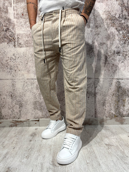 Striped beige linen blend trousers