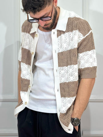 Camicia 1/2 manica in maglia bianca/marrone