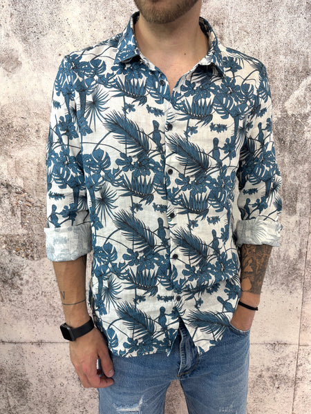 Camicia misto lino fantasia blu