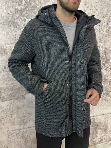 Cappotto spigato grigio/nero cappuccio e piumino interno