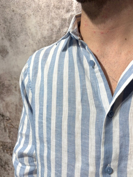Camicia misto lino righe azzurre
