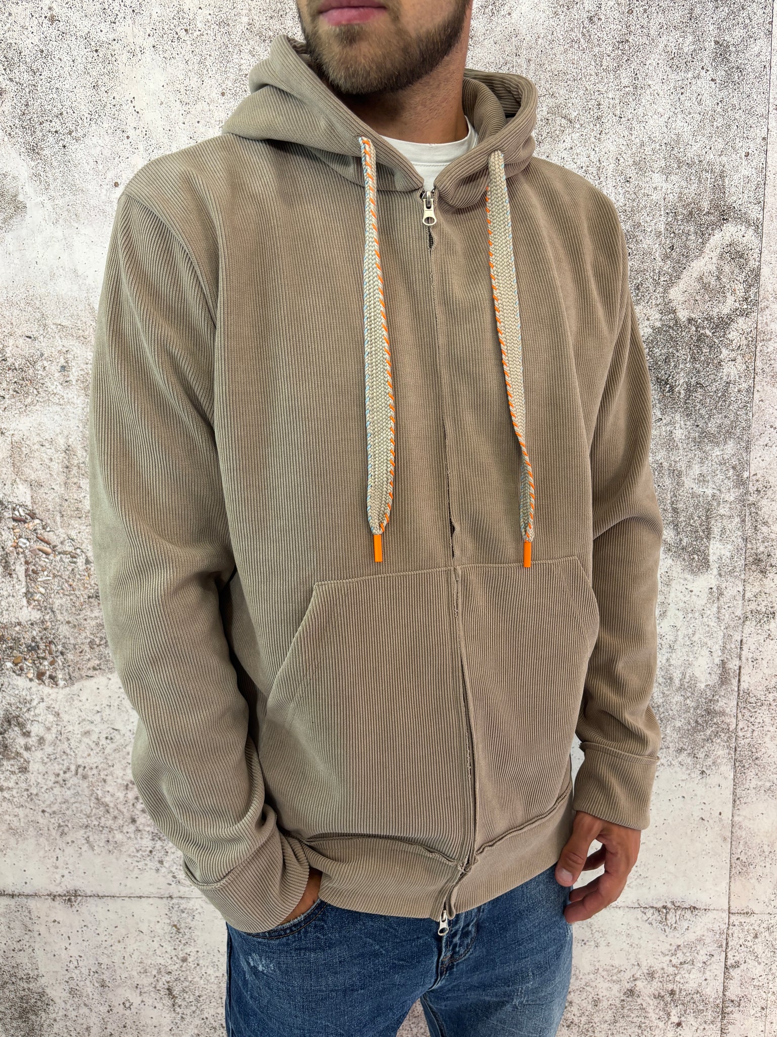 Felpa cappuccio full zip beige a costine