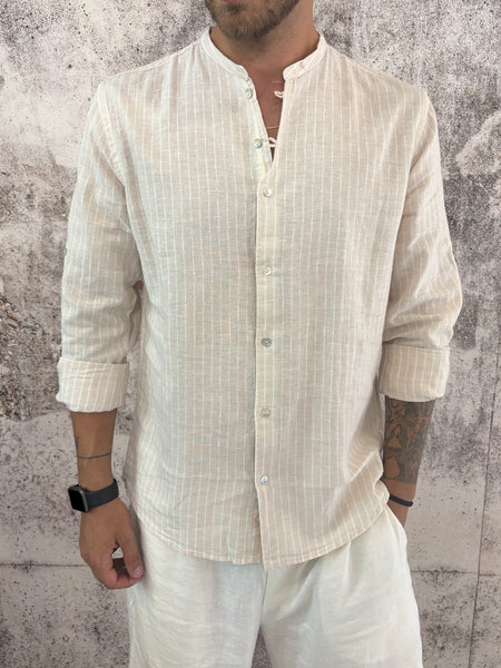 Camicia beige misto lino rigata