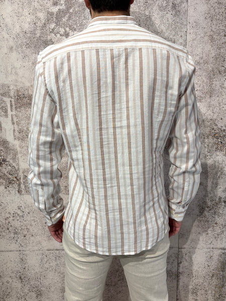 Korean collar linen blend shirt, beige/cocoa stripes