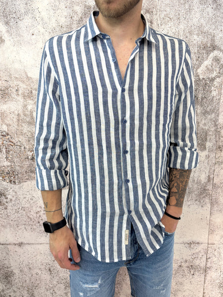Camicia lino colletto francese righe blu