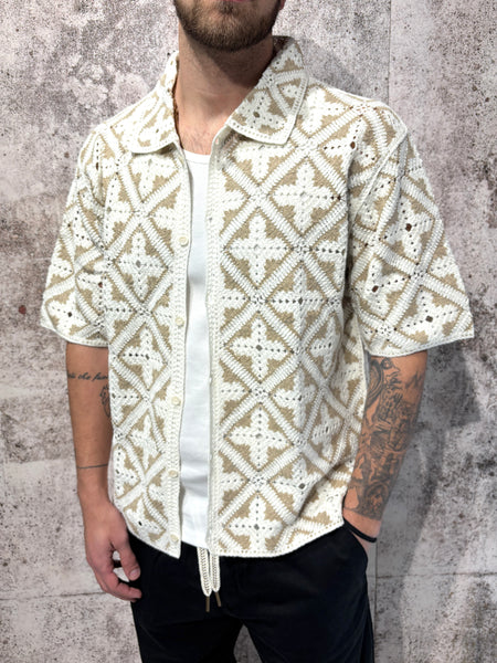 Camicia m/m in maglia lavorata beige e panna