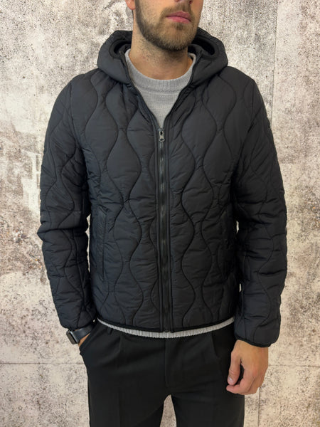 Cappotto spigato grigio/nero cappuccio e piumino interno