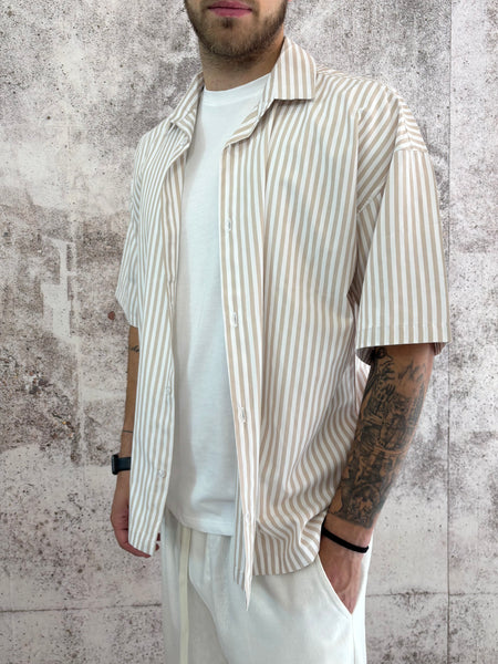 Camicia mezza manica righe beige