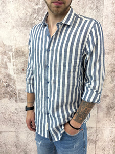 Camicia lino colletto francese righe blu