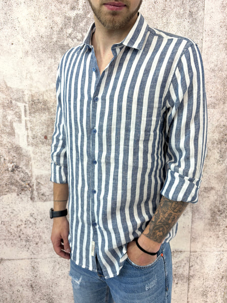 Camicia lino colletto francese righe blu