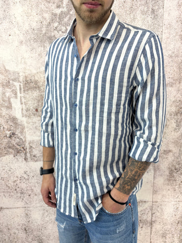 Camicia lino colletto francese righe blu