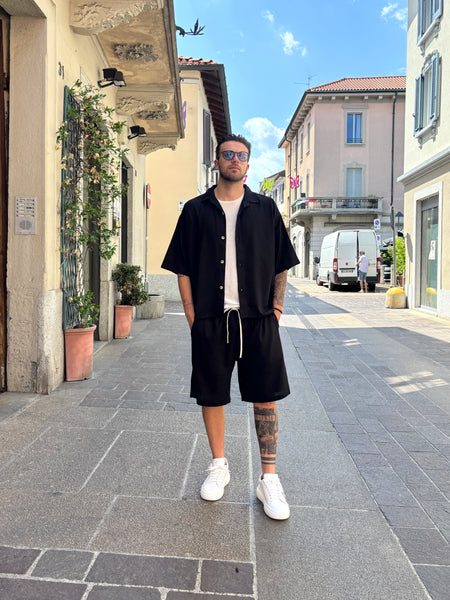 Completo camicia/bermuda nero misto lino