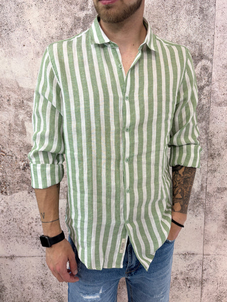 Camicia lino colletto francese righe verdi
