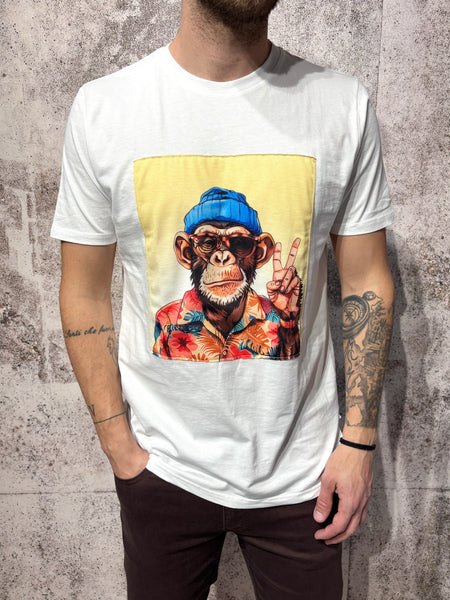 T-Shirt bianca stampa monkey applicata